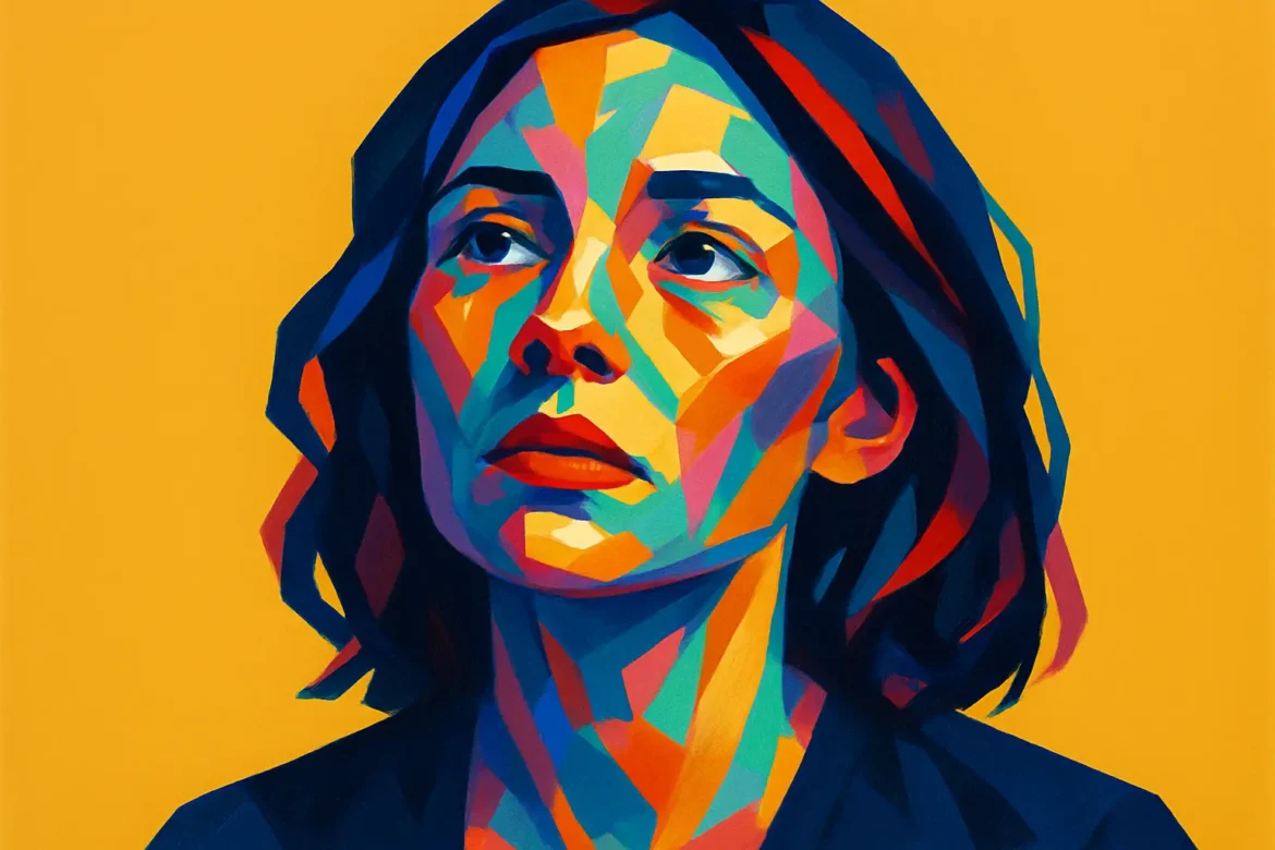 Ilustração estilizada em pop art de uma mulher com expressão contemplativa, olhando para o alto contra um fundo amarelo vibrante. As cores intensas e geométricas utilizadas na pintura representam a complexidade emocional envolvida no tema do perdão, sugerindo um momento de introspecção e superação pessoal.