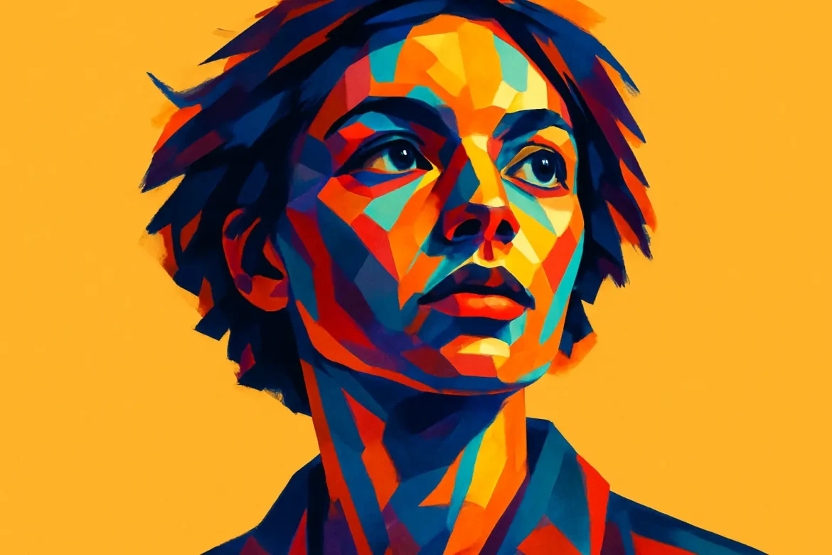 Ilustração artística de uma mulher com expressão contemplativa, estilizada com cores intensas e contrastantes em tons de azul, vermelho e laranja sobre fundo amarelo. A imagem representa visualmente o tema da consciência, evocando introspecção, percepção e despertar interior, aspectos centrais nas reflexões sobre o eu e a existência.