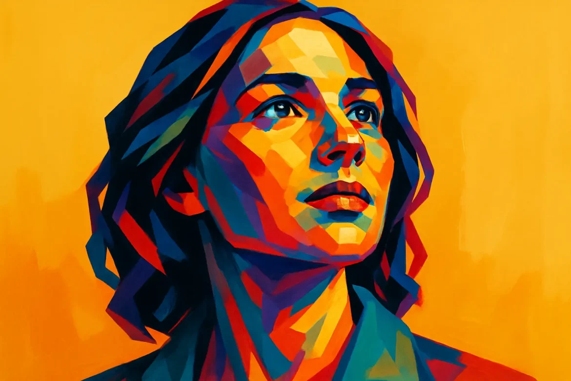 Ilustração em estilo pop art de uma mulher com expressão serena e olhar elevado, em meio a cores vibrantes e contrastantes sobre um fundo amarelo intenso. A imagem representa o tema da esperança, transmitindo uma sensação de otimismo, inspiração e confiança no futuro por meio da direção do olhar e do uso de cores quentes e vivas.