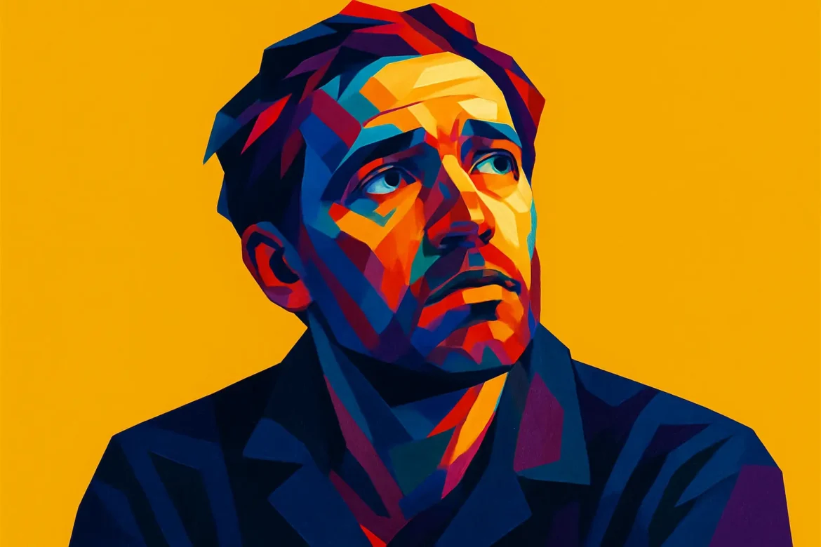 Ilustração digital em estilo pop art de um homem com expressão melancólica, olhando para cima, em meio a um fundo amarelo vibrante. As cores intensas que compõem seu rosto e roupas contrastam com a serenidade de sua expressão introspectiva, representando visualmente o sentimento de solidão profunda e contemplativa, tema central da obra.