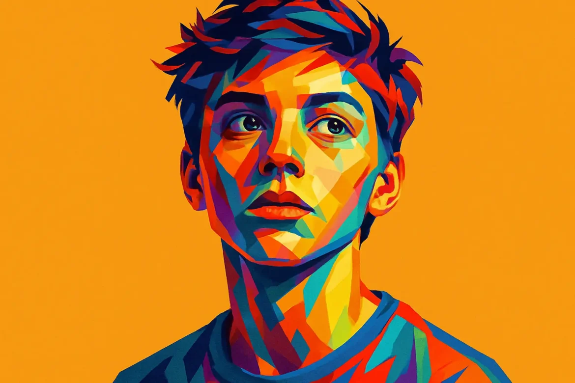 Ilustração digital em estilo pop art de um adolescente com expressão reflexiva, utilizando uma paleta cromática intensa e multicolorida. O fundo laranja vibrante destaca ainda mais os contornos geométricos do rosto e cabelo estilizado do jovem, simbolizando a intensidade emocional e a complexidade da fase adolescente. A obra evoca identidade, transformação e autoexpressão – temas centrais dessa etapa da vida.