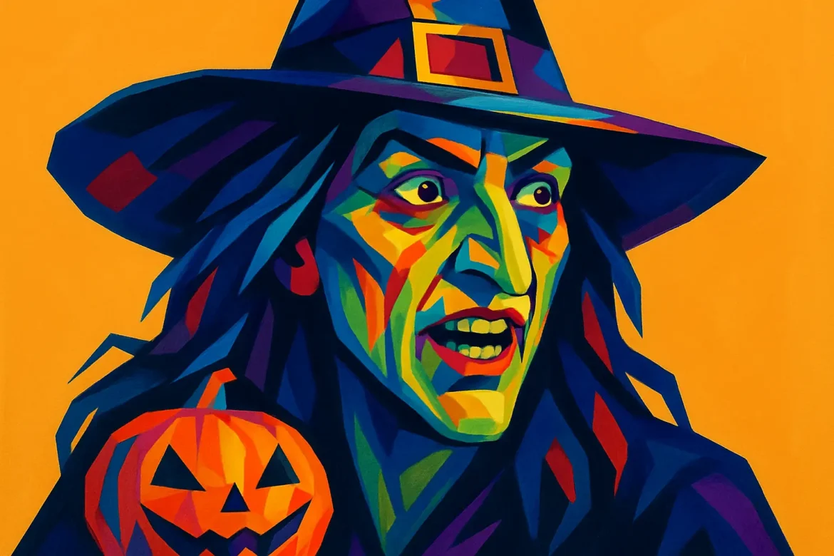 Ilustração vibrante em estilo pop art de uma clássica bruxa de Halloween com pele verde, cabelos escuros e chapéu pontudo, segurando uma abóbora esculpida típica da data. A imagem possui cores intensas e contrastantes sobre um fundo laranja, transmitindo um clima festivo e misterioso típico das celebrações de 31 de outubro.