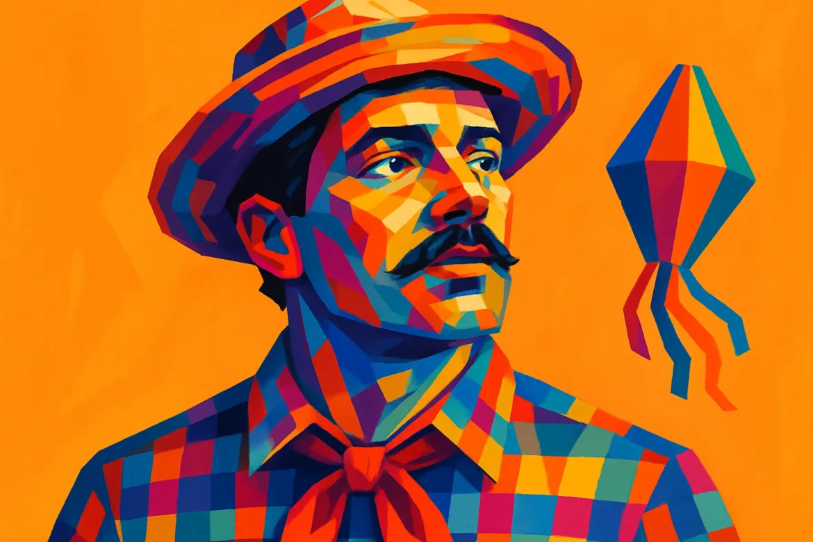 Ilustração vibrante e estilizada de um caipira com bigode, vestindo camisa xadrez colorida, lenço vermelho e chapéu de palha, elementos tradicionais da Festa Junina. Ao fundo, uma bandeirola flutua, reforçando o clima de celebração típica do mês de junho no Brasil, marcada por danças, comidas típicas e decoração festiva.