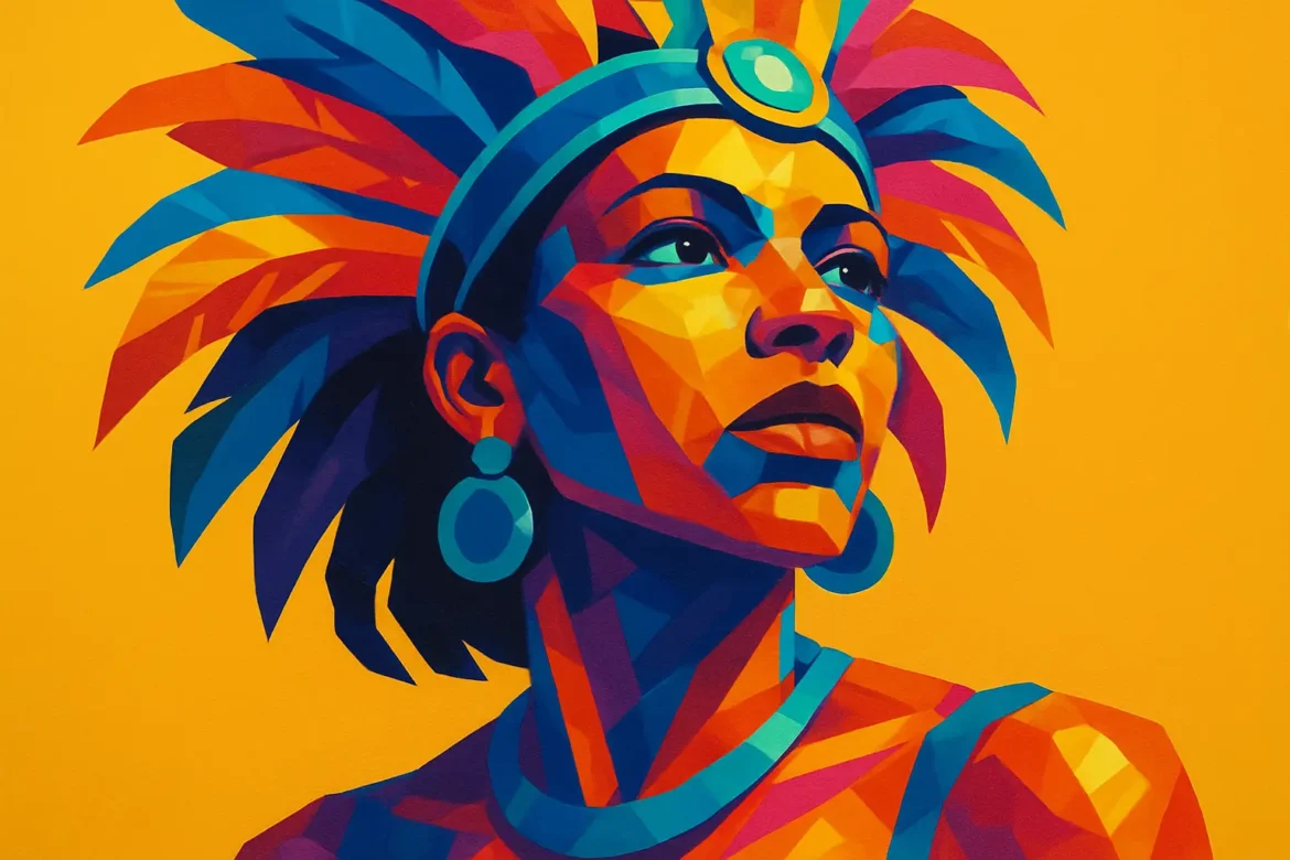 Ilustração colorida em estilo pop art de uma mulher com expressão confiante, usando um cocar vibrante de penas multicoloridas e grandes brincos circulares. A imagem celebra a energia e a beleza do Carnaval com cores intensas em tons de azul, laranja, vermelho e amarelo sobre um fundo amarelo brilhante, evocando a alegria, a força e o espírito festivo da cultura brasileira.