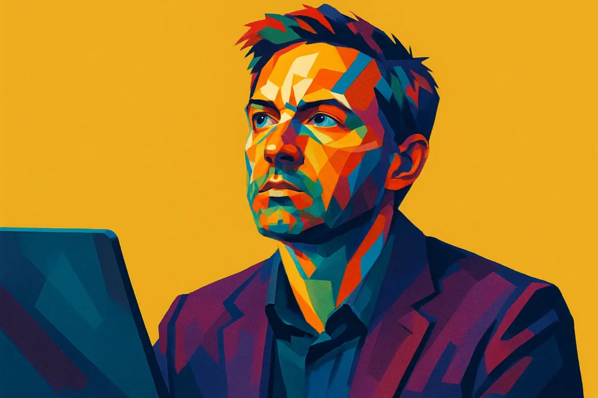 Ilustração digital vibrante de um homem em estilo geométrico-pop art, olhando pensativo para o alto enquanto trabalha diante de um laptop. Com traços coloridos marcantes e fundo amarelo sólido, a imagem representa a introspecção e o impacto da tecnologia na vida contemporânea, destacando a fusão entre o ser humano e o mundo digital.