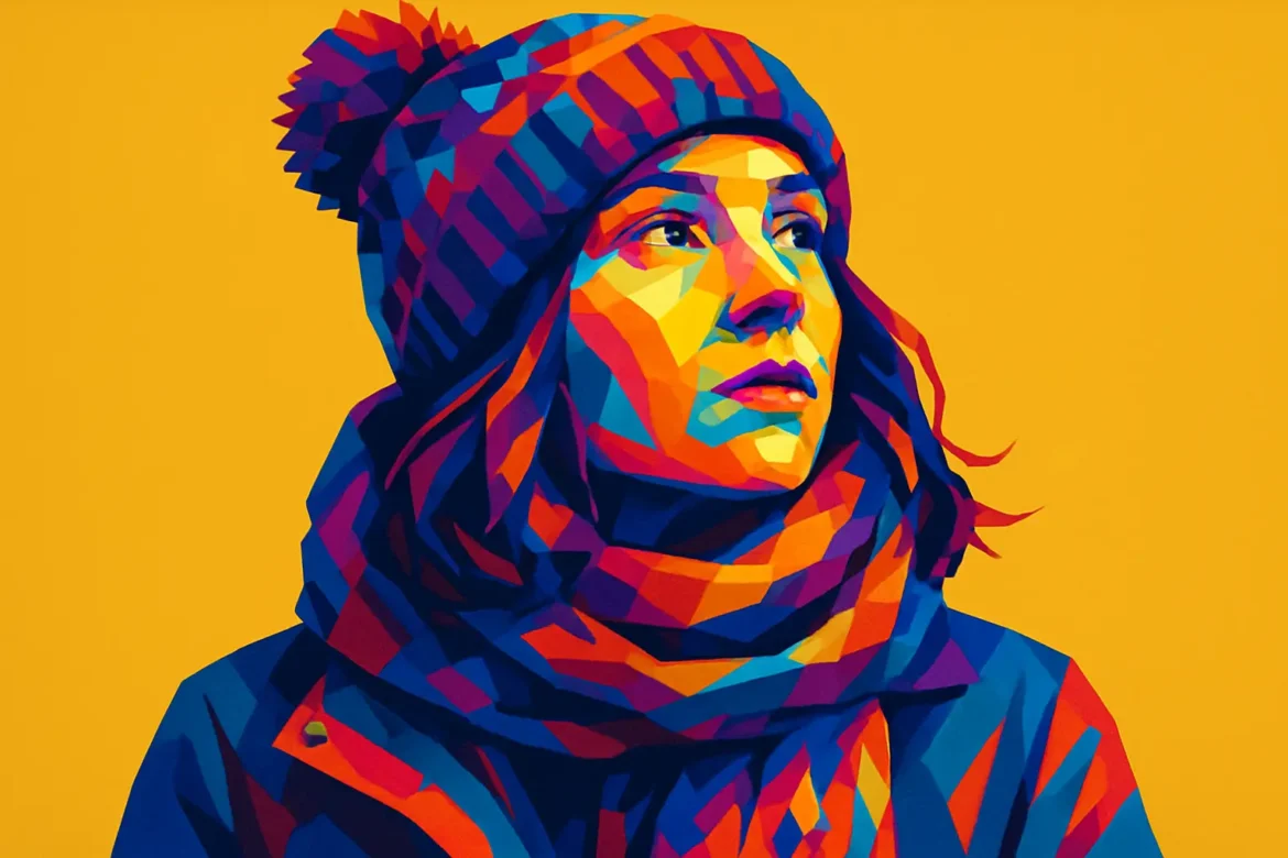 Arte digital em estilo pop art retrata uma mulher com roupas de inverno — gorro com pompom, cachecol e casaco — usando tons vibrantes de azul, laranja, vermelho e roxo. Com fundo amarelo intenso, a imagem expressa o contraste entre o frio da estação e a intensidade das cores, transmitindo calor visual e expressão emocional em meio ao inverno.
