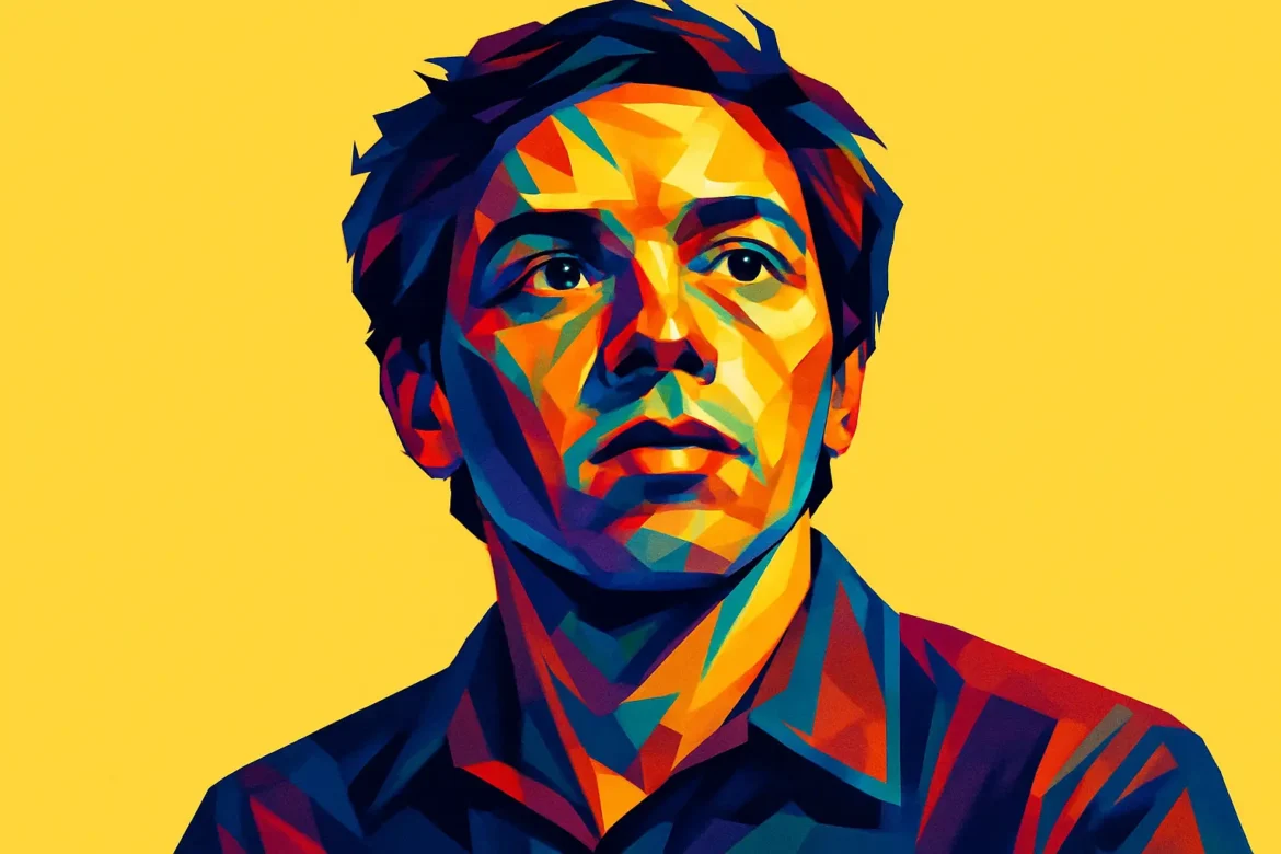 Arte digital vibrante representando um jovem com semblante pensativo sobre um fundo amarelo sólido. As cores vivas e geométricas realçam a diversidade e a expressividade da imagem, transmitindo a ideia de reflexão sobre direitos, deveres e o papel de cada cidadão na construção de uma sociedade mais justa e participativa.