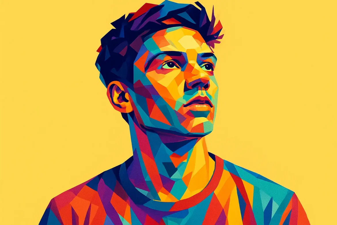 Ilustração vibrante em estilo pop art de um jovem com expressão determinada, olhando para o alto com esperança e visão de futuro. As cores fortes e geométricas representam a energia, o potencial e a diversidade da juventude, ecoando o espírito de superação, sonhos e transformação presente em frases inspiradoras voltadas para os jovens.