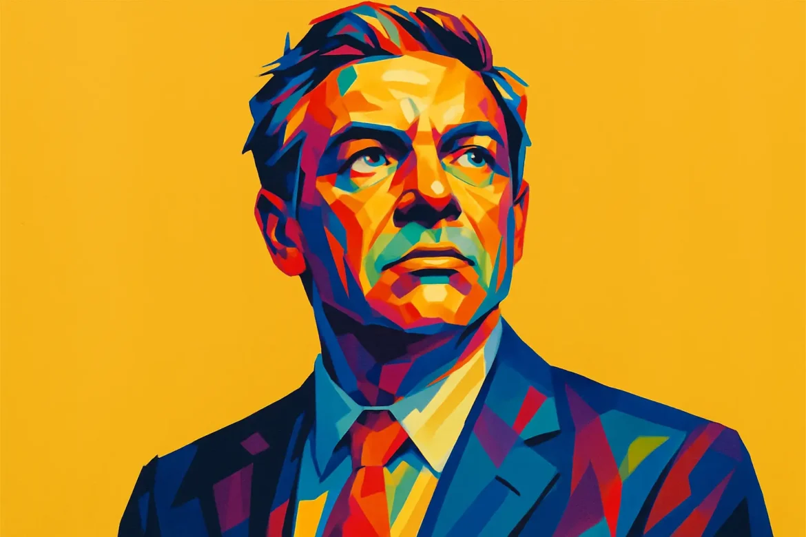 Ilustração em estilo pop art retrata um homem maduro de expressão confiante, vestindo terno e gravata, sobre um fundo amarelo intenso. As cores vivas e contrastantes da arte — incluindo tons de azul, vermelho, laranja e roxo — destacam os traços do personagem com dramaticidade e sofisticação, evocando temas de autoridade, reflexão e maturidade, conforme o tema '30 Frases para Adultos'.