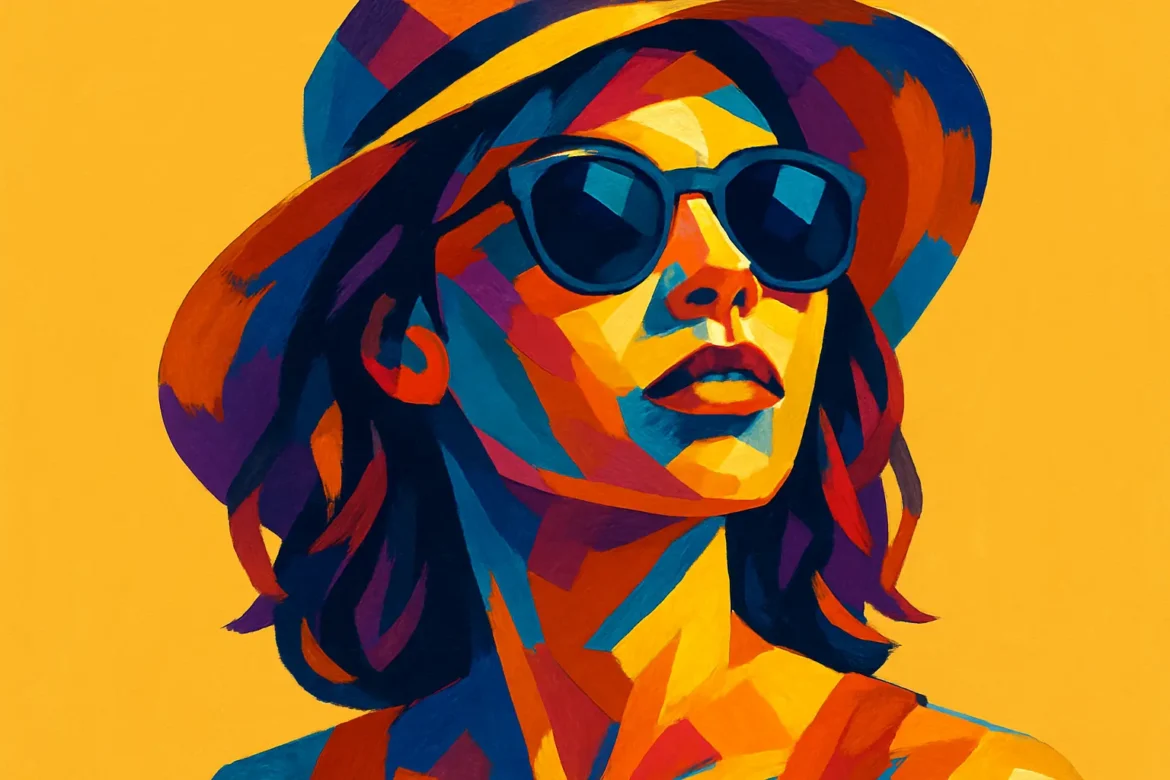 Ilustração digital colorida e estilizada de uma mulher usando óculos escuros e chapéu de palha, transmitindo a atmosfera calorosa e vibrante do verão. As cores saturadas em tons de amarelo, laranja, azul e roxo reforçam a energia e a intensidade da estação mais solar do ano. A personagem olha para o horizonte com uma expressão confiante e relaxada, simbolizando os dias ensolarados, a liberdade e a alegria típicas do verão.