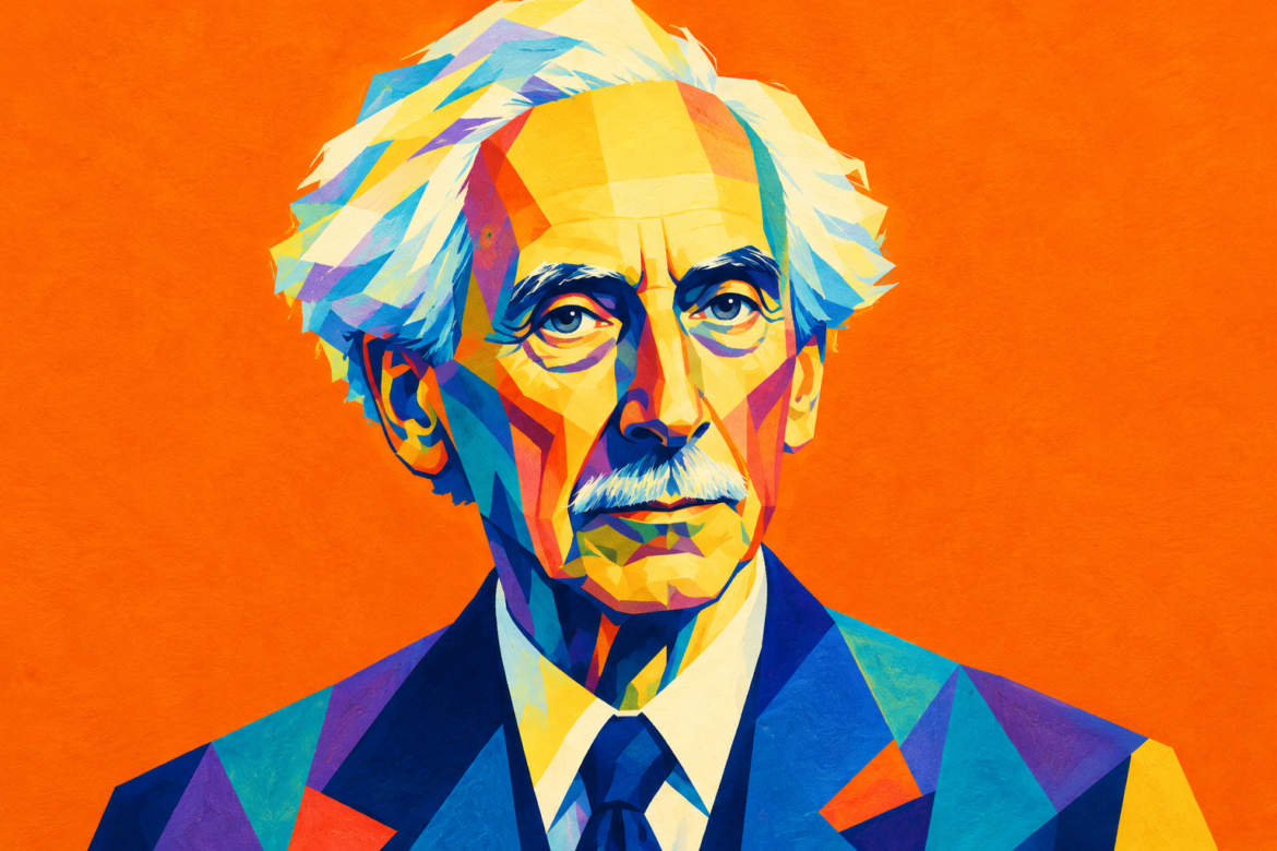 Retrato ilustrado de Bertrand Russell idoso, de cabelo branco e bigode fino, em cores vibrantes sobre fundo laranja.
