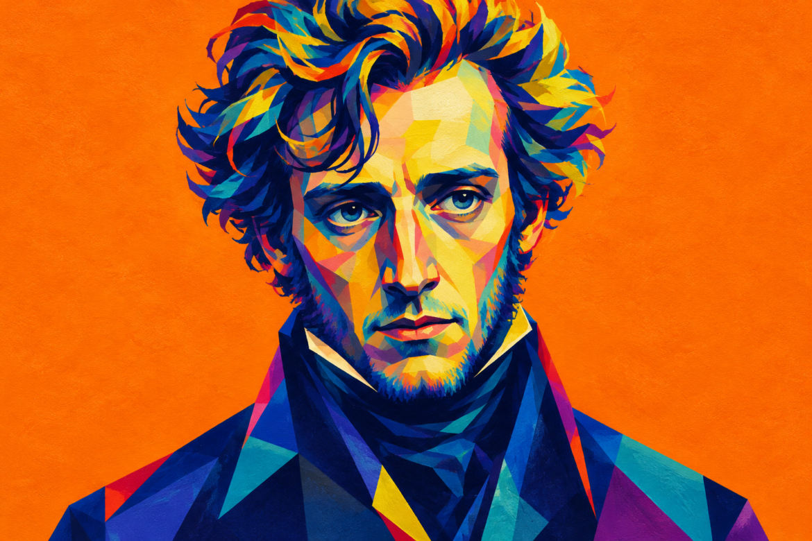Retrato ilustrado de Søren Kierkegaard em cores vibrantes sobre fundo laranja.